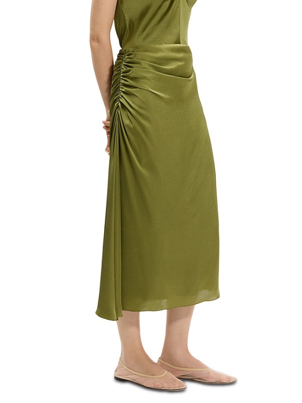 Theory Ruched Midi Skirt in Crushed Satin